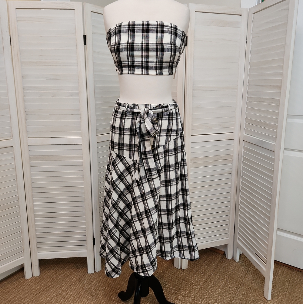 Free People Black & White Plaid Tie-Waist Midi Skirt With Matching Top Size S